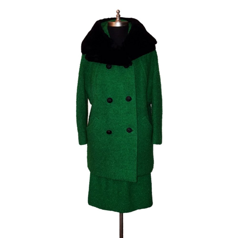 Vtg 60s 2 PC Boucle Wool Mouton Fur Skirt Suit M